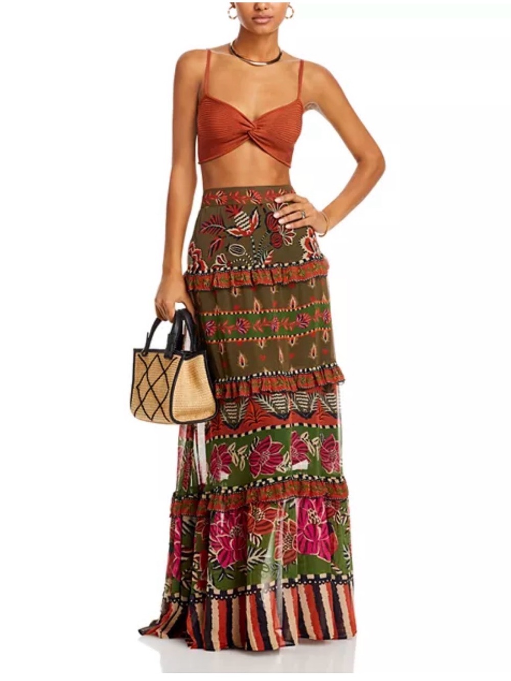 NWT FARM Rio Ainika Floral Garden Maxi Skirt Tiered Maxi Skirt in Olive and Rust